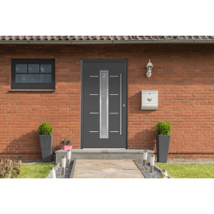 Anthrazitfarbene Sicherheits-Haustür ThermoSpace Milano Prime RC2 mit Glaseinsatz und Edelstahlgriff.