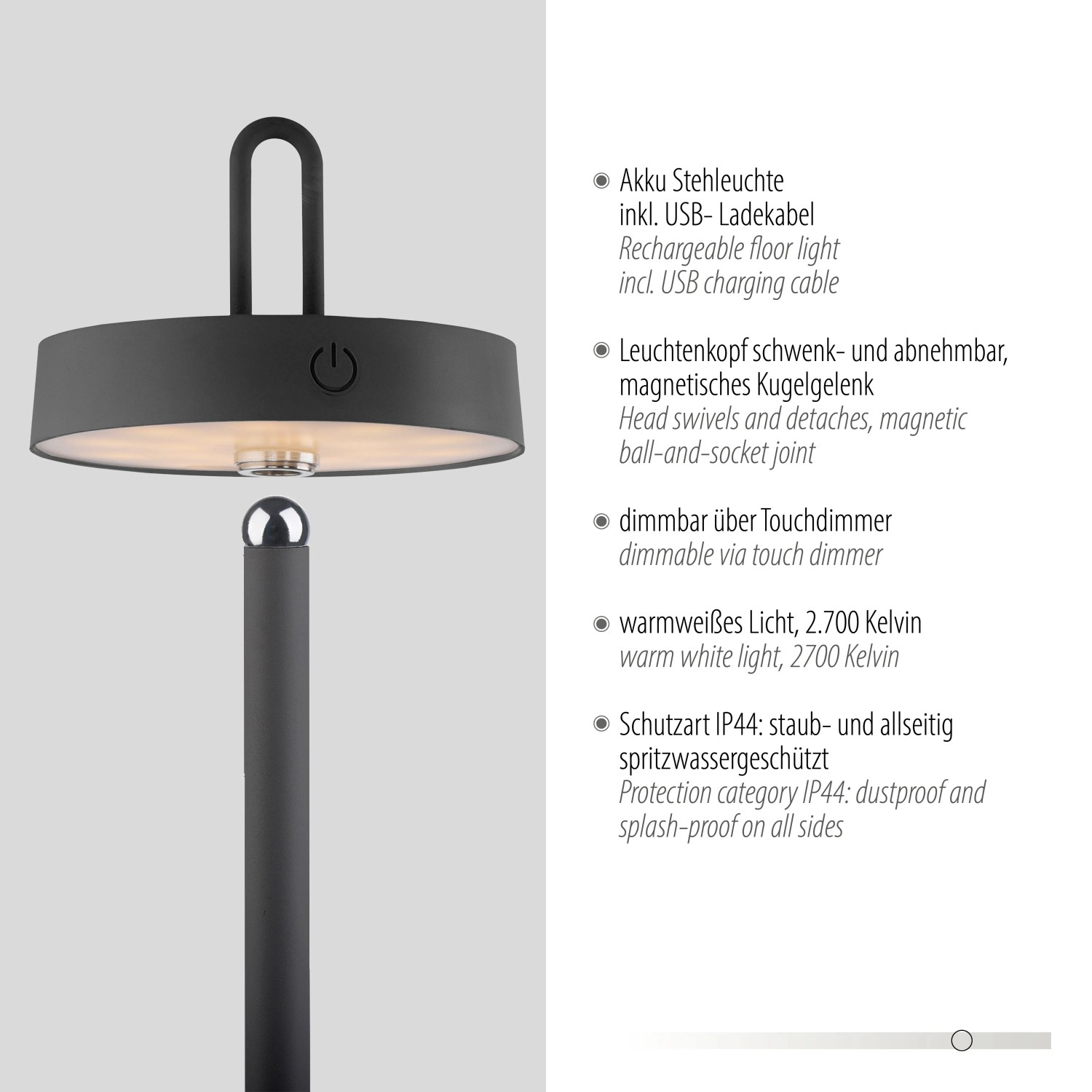 Schwarze LED-Akku-Stehleuchte Amag, dimmbar, für Innen & Außen, 125 cm hoch.