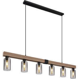 Globo Hadera Pendelleuchte, 6-flammig, schwarz matt, Rauchglas, 140cm breit. Moderne Hängeleuchte.