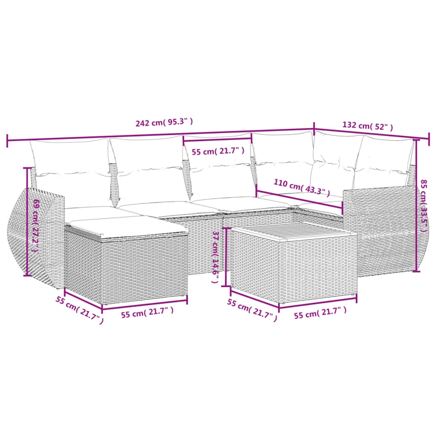 Graue 7-tlg. vidaXL Garten-Sofagarnitur aus Polyrattan mit Kissen und Tisch.