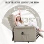 Beiger HOMCOM Aufstehsessel mit elektrischer Liegefunktion. Eine Frau entspannt im verstellbaren Loungesessel aus Polyester.
