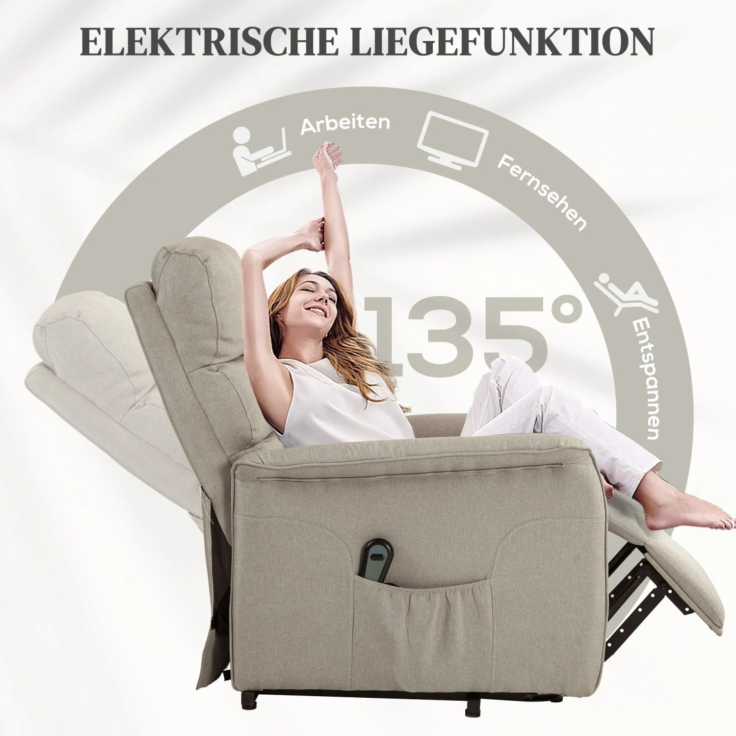Beiger HOMCOM Aufstehsessel mit elektrischer Liegefunktion. Eine Frau entspannt im verstellbaren Loungesessel aus Polyester.