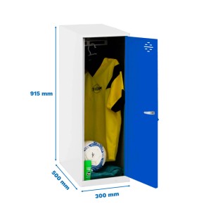 PROREGAL Schließfachwürfel AMEGO, blau-weißer Spind mit geöffneter Tür, inklusive Sportausrüstung.