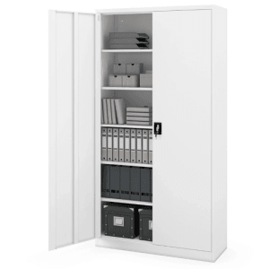 Weißer, abschließbarer JAN NOWAK Aktenschrank (220x115x40cm) mit 6 Ebenen und geöffneter Tür.