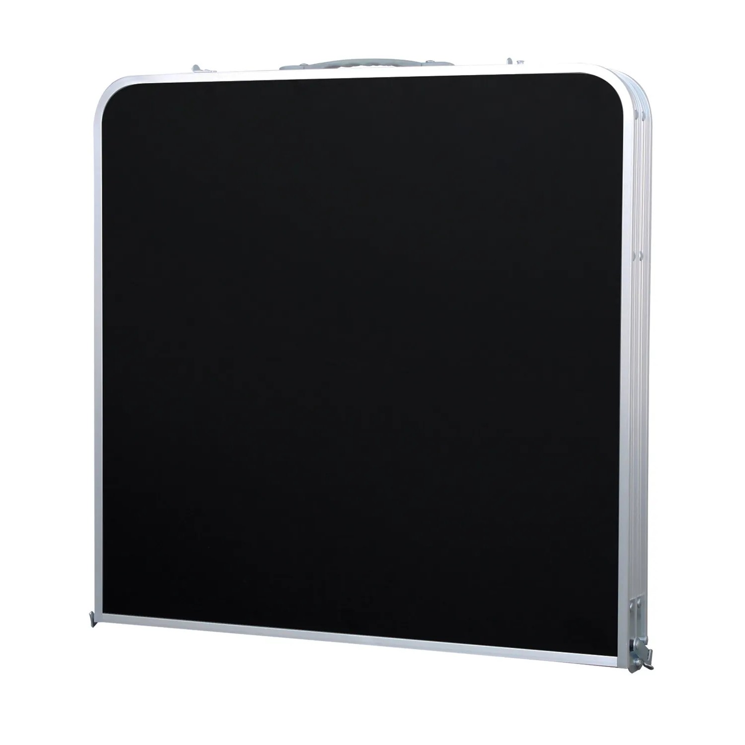 Zusammengeklappter, schwarzer Mojawo XXL Aluminium Campingtisch mit Tragegriff.