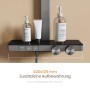 Detailaufnahme des Emke Duschsystems in Anthrazit mit Ablage und Bedienelementen.
