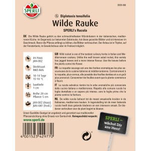 Samenpackung Wilde Rauke 'Sperli's Rucola' mit gezackten Blättern.