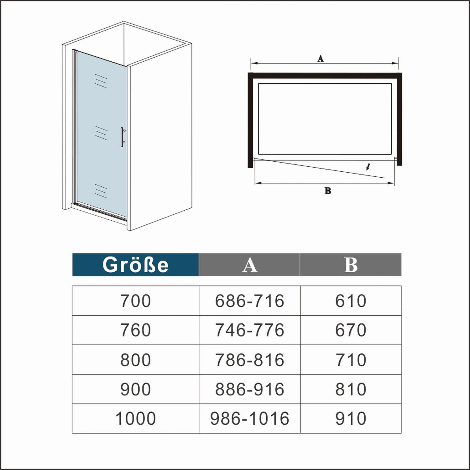 Skizze AICA Duschkabine 100x195cm, Drehtür für Nische, 6mm ESG Glas, Maße und Details.