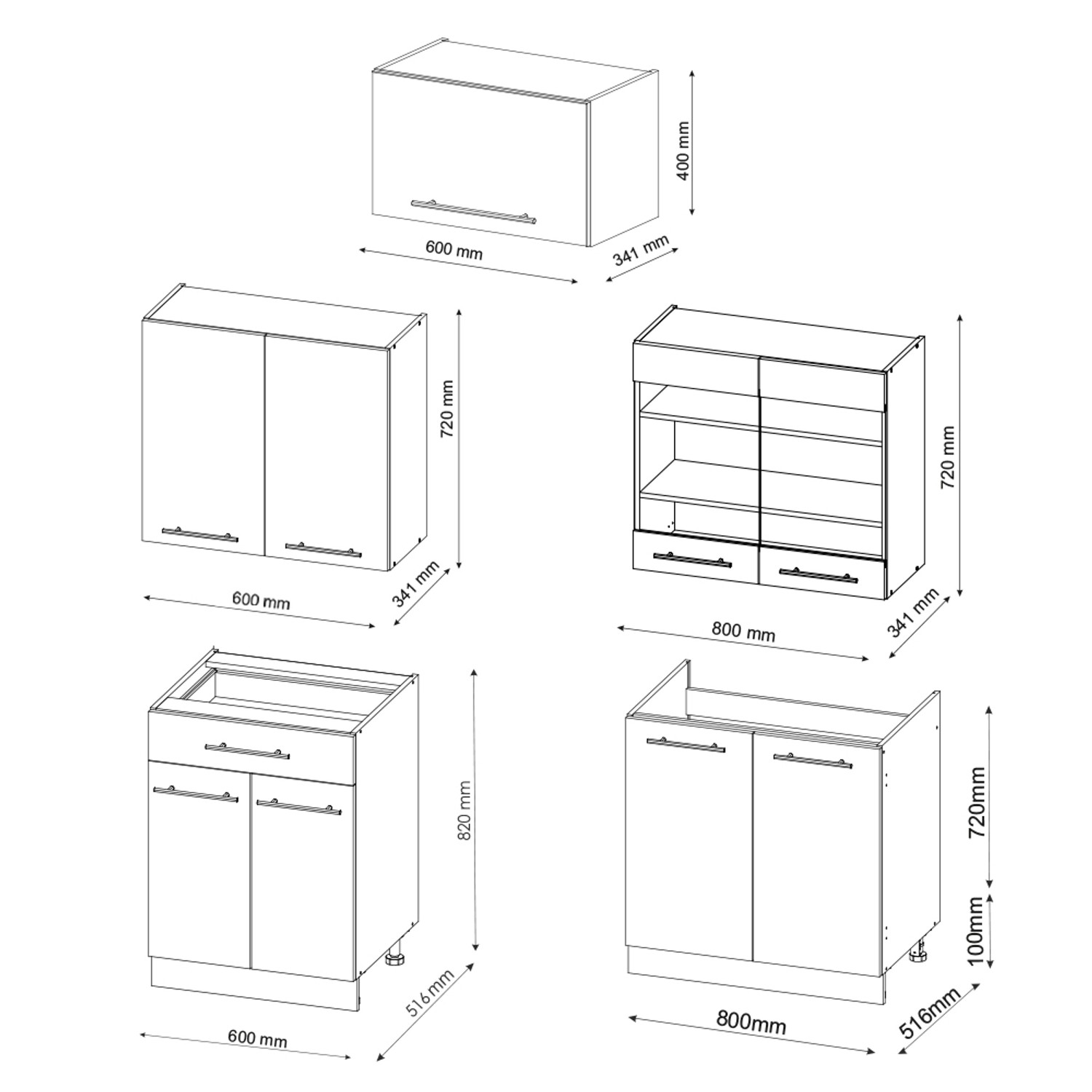 Skizze der Fame-Line Küchenzeile in Bordeaux Hochglanz/Goldkraft Eiche, 200 cm, ohne Arbeitsplatte.