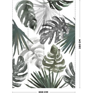 Art for the Home Fototapete Kimberley (280x200 cm) mit Aquarell-Blättern in Grün- und Grautönen.