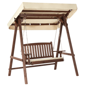Beliani Gartenschaukel CAVIOLA, dunkles Holz mit beigem Sonnendach und Sitzkissen.