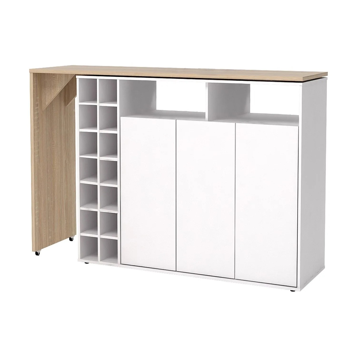 Vinalo Barmöbel: drehbarer Barschrank in Weiß/Natur mit Weinregal, Schranktüren & Ablagen. Bartisch-Set mit Stauraum.