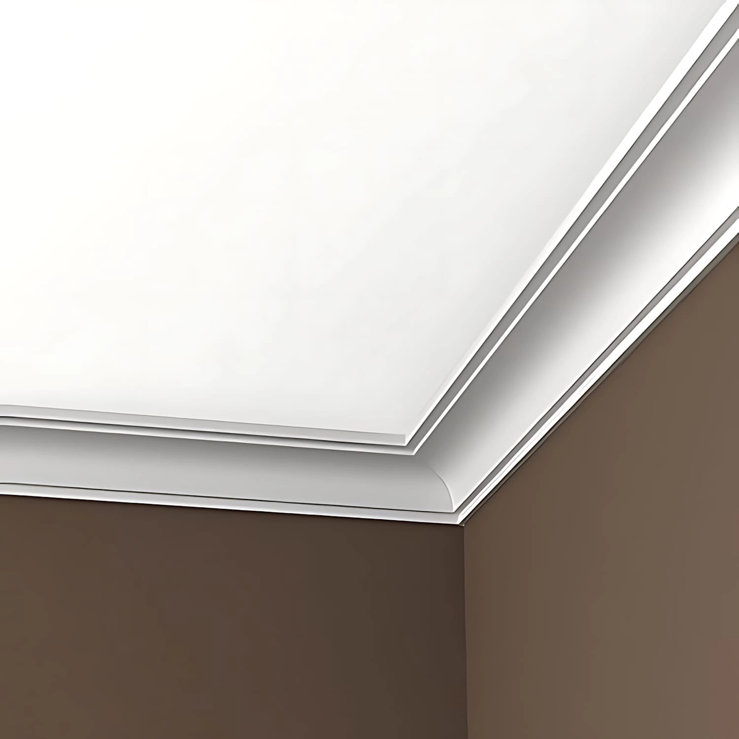 Weiße, flexible PROFHOME Eckleiste aus Polyurethan (200 cm) an der Decke.