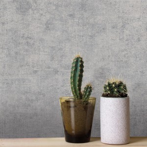 Easy Decor Vliestapete Beton Metallic Effekt in Taupe mit zwei Kakteen im Vordergrund.