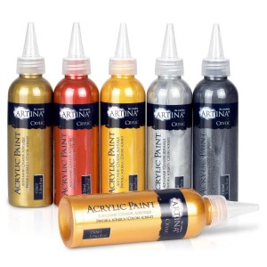 Artina Metallic Acrylfarben Set, 6 Farben (Gold, Silber, Schwarz, Rot u.a.), Künstlerfarben für Leinwand und mehr.