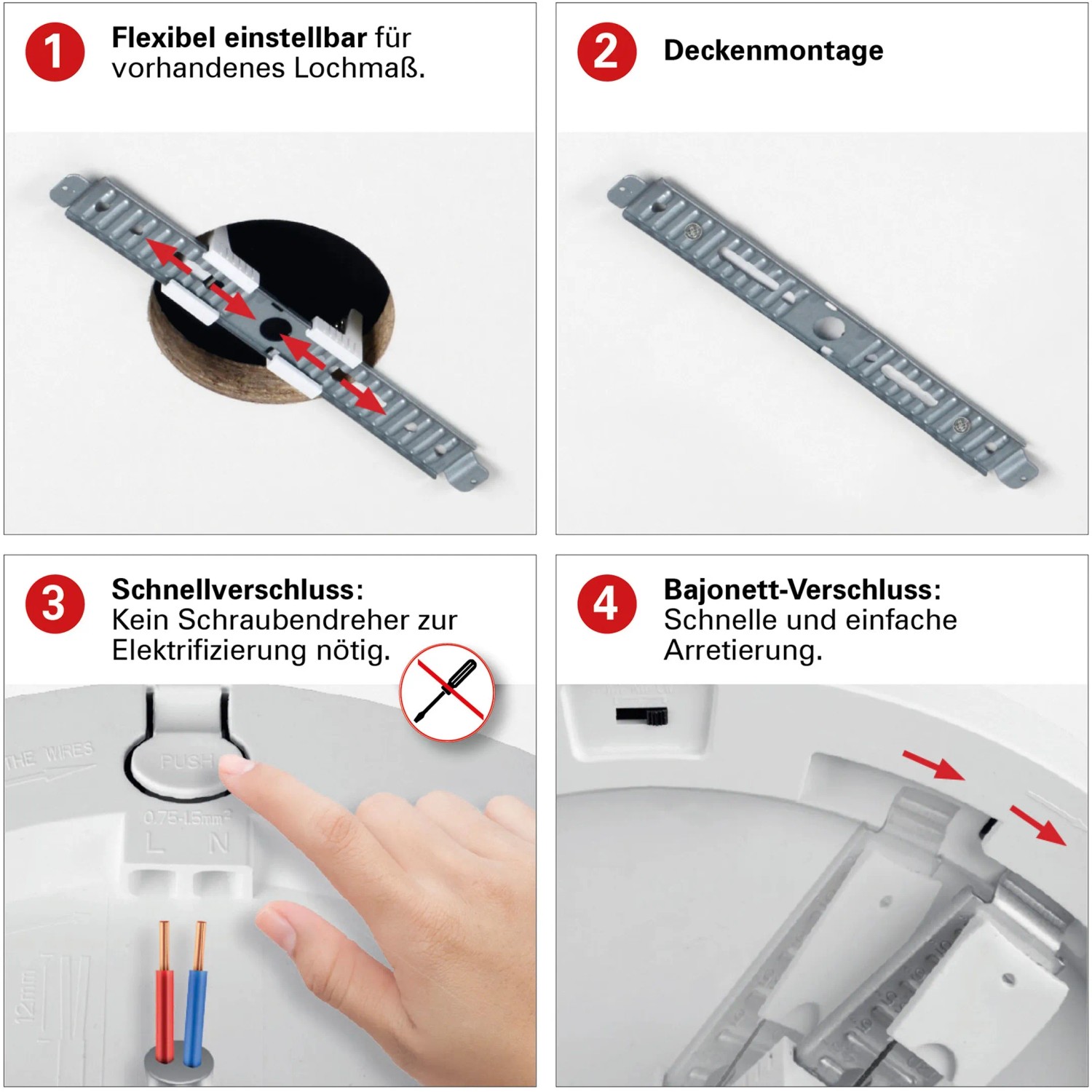 Montage-Details der Näve LED-Deckenleuchte Bonus (17cm): Flexibel, Deckenmontage, Schnell- und Bajonett-Verschluss.