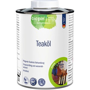 Dose Biopin Teak-Öl Transparent 500ml für Holzpflege und Schutz.