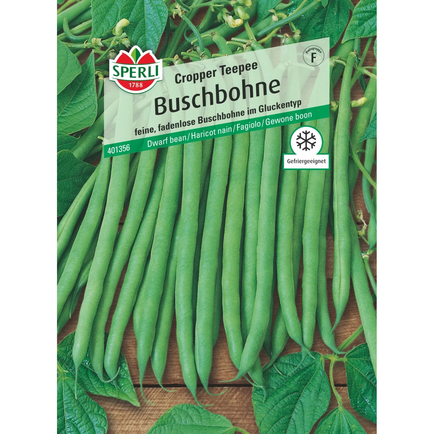 Samenpackung Sperli Buschbohne Cropper Teepee, grüne Bohnen und Blätter im Vordergrund.
