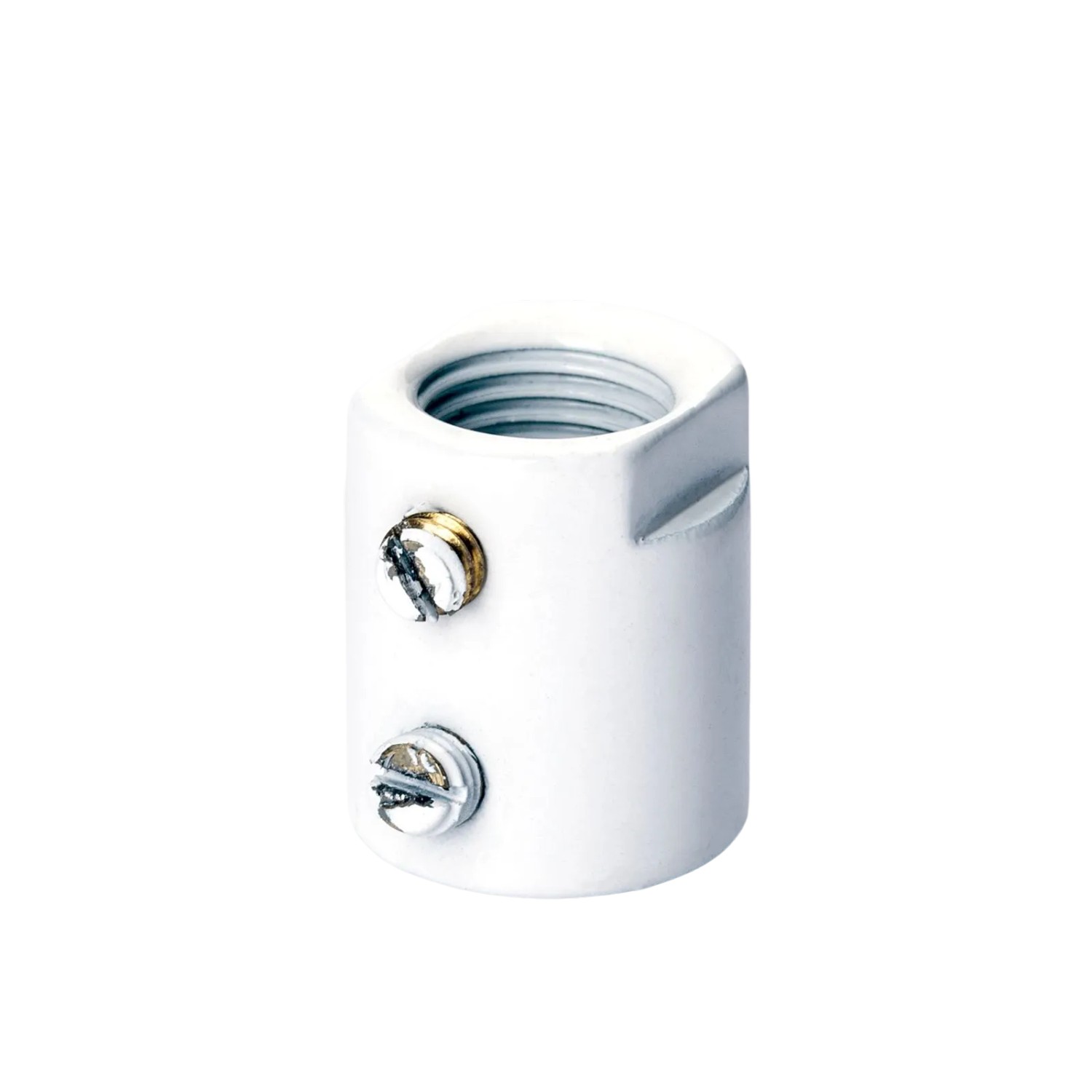 Weiße zylindrische Messing-Muffe M10x1 mit Innengewinde und Schrauben für Lampen.