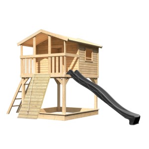Karibu Stelzenhaus Benjamin mit Rutsche und Holzrampe in Natur-Anthrazit für Kinder.