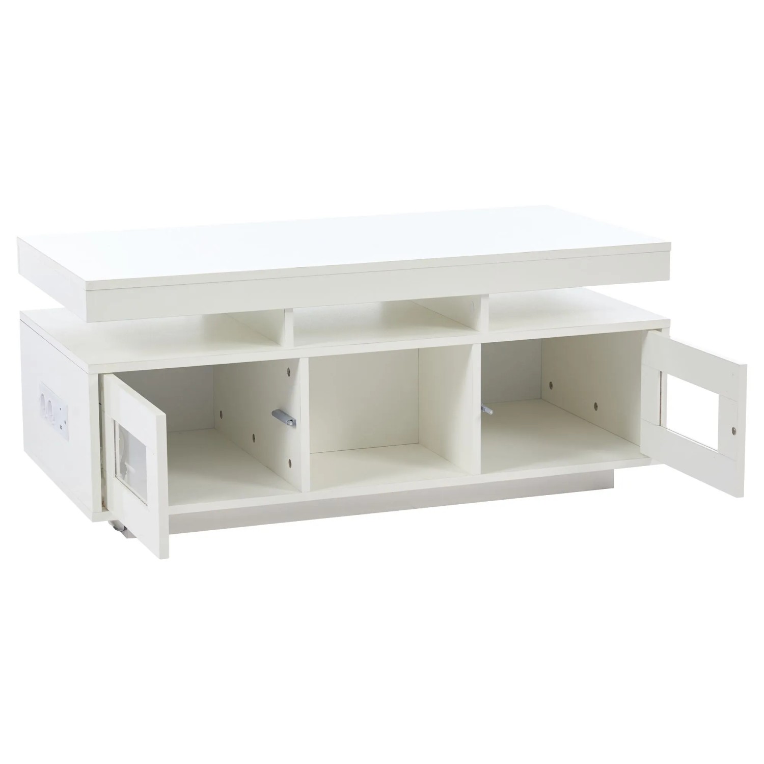 ModernLuxe Couchtisch Hochglanz mit Led 2 Türen Ladeanschluss Steckdose Spanplatte Weiß