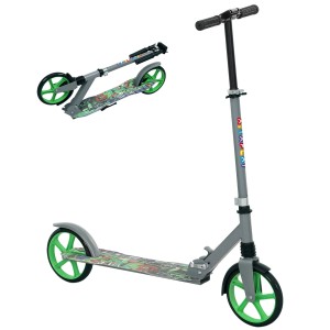 AIYAPLAY Kinderscooter, grau mit grünen Rädern, höhenverstellbar und zusammengeklappt.