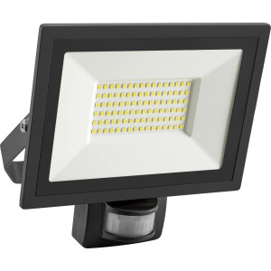 Schwarzer LED Außenstrahler mit Bewegungssensor, 35W, Aluminiumgehäuse.