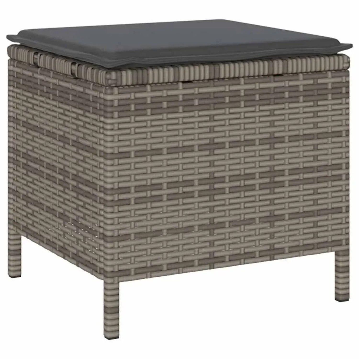 Grauer vidaXL Gartenhocker aus Polyrattan mit grauem Kissen, Teil der 4-tlg. Essgruppe.