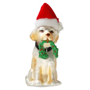 Weihnachtskugel: Glas Hund mit Mütze und Kranz im Maul, 10cm, von Krebs Glas Lauscha.