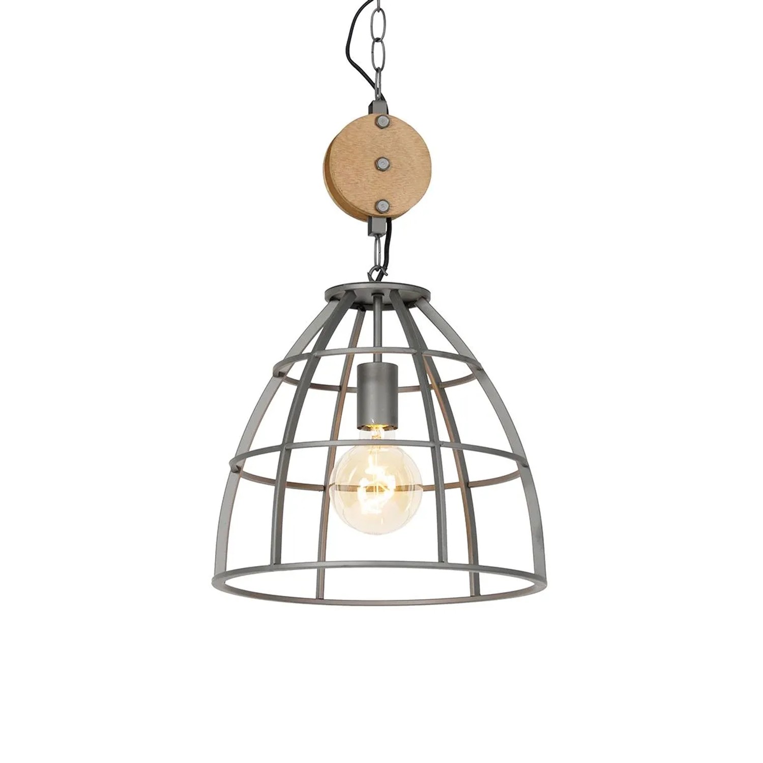 QAZQA Industrielle Hängelampe Dunkelgrau mit Holz 34 cm Arthur