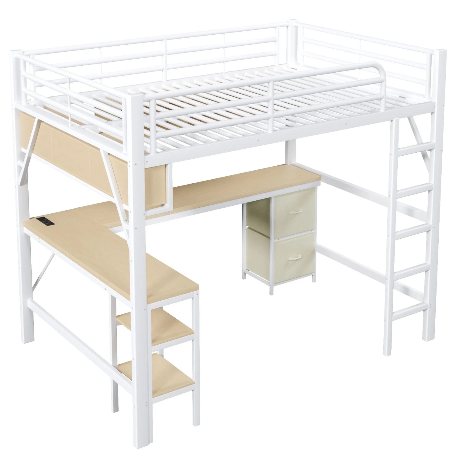 okwish Metall Hochbett 140x200cm mit Regal Schreibtisch USB und LED Weiß ohne Matratze