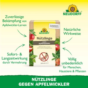 Neudorff Nützlinge gegen Apfelwickler für Apfelbäume. Produktbox mit Äpfeln, zeigt Larvenbekämpfung mit Nematoden. Sicher für Mensch & Tier.