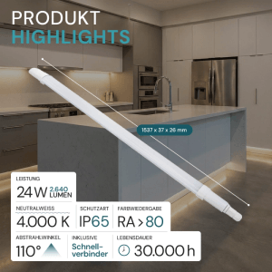 5er-Set LUXULA LED Feuchtraumleuchte, 150cm, neutralweißes Licht, IP65 Schutz, für Bad und Keller.