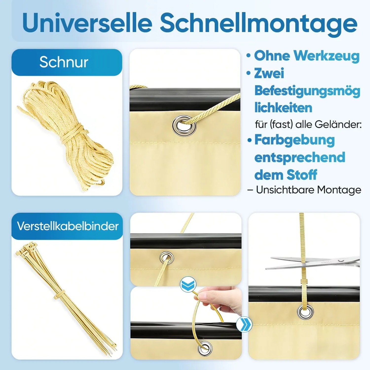Montage des beigen Sekey Balkonsichtschutz mit Schnur und Kabelbinder am Balkongeländer.