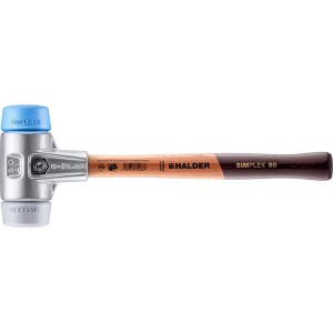 Halder Simplex Schonhammer, 50mm, mit Alugehäuse und Holzstiel. Blaue und graue Schlagflächen.
