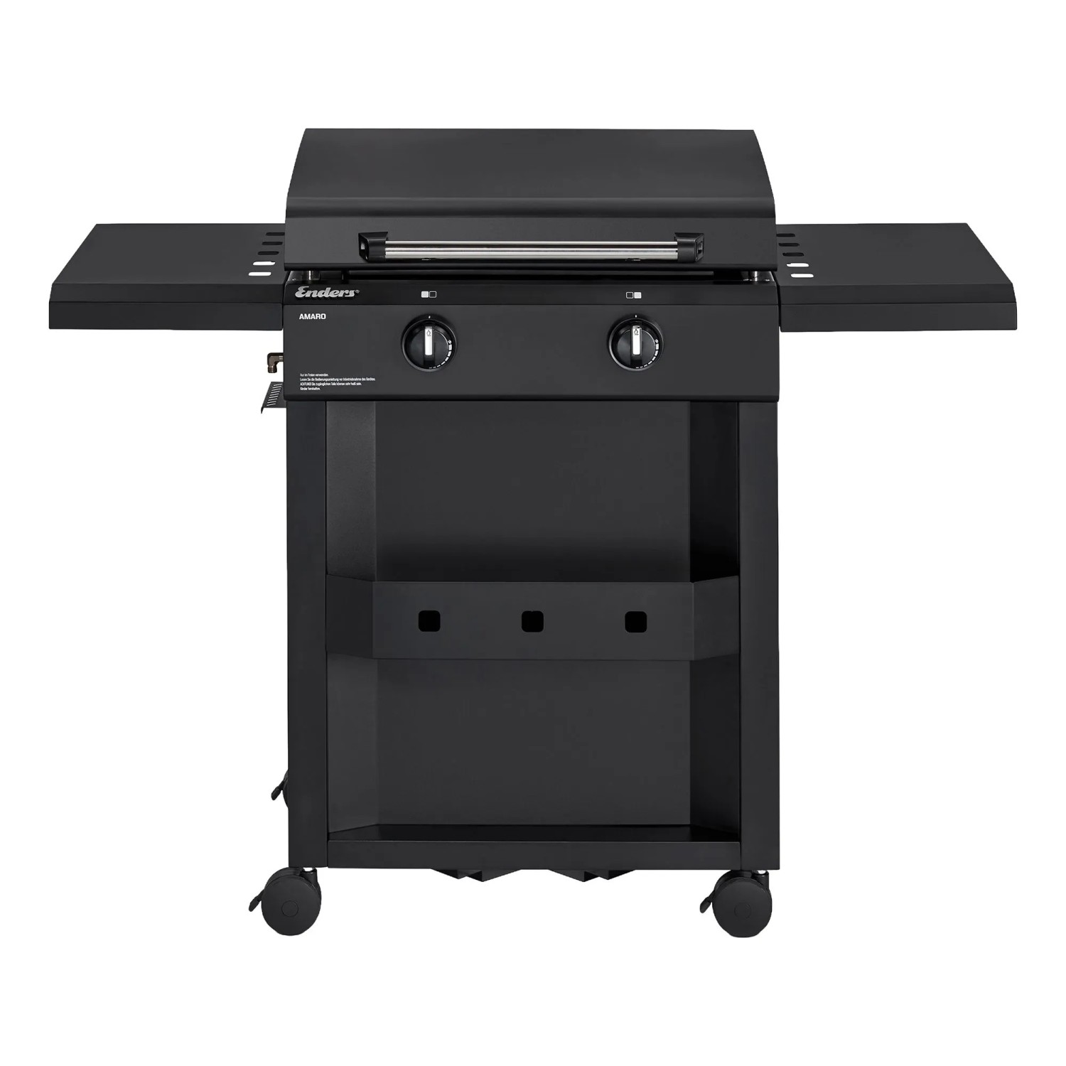 Schwarzer Enders Plancha-Grill Amaro 2 mit zwei Ablageflächen und Haube.