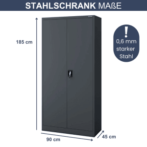 Anthrazitfarbener Mehrzweckschrank aus Metall (185x90x45cm) mit abschließbaren Türen. Ideal als Büroschrank.