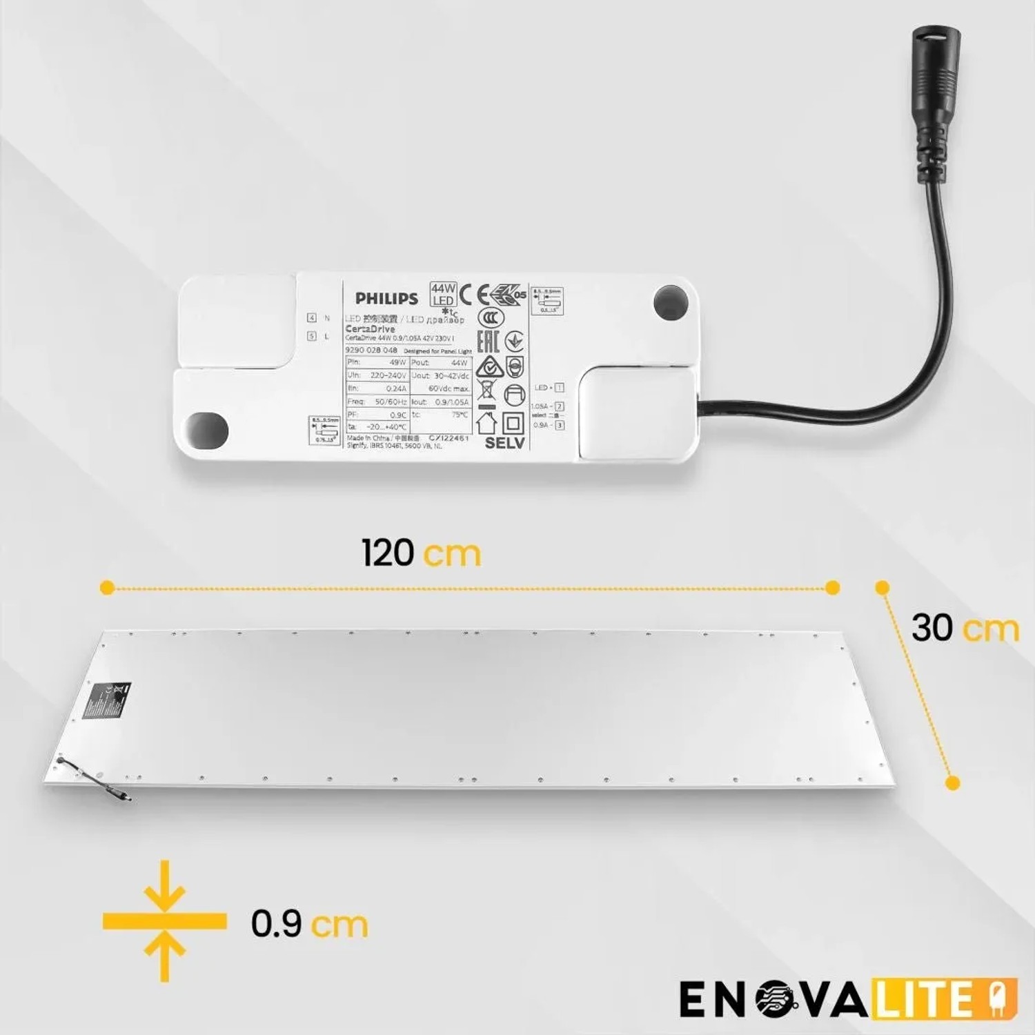 ENOVALITE LED-Panel 36W, 120x30cm, mit Philips Driver und Maßangaben. Deckenleuchte für Büro und Rasterdecken.