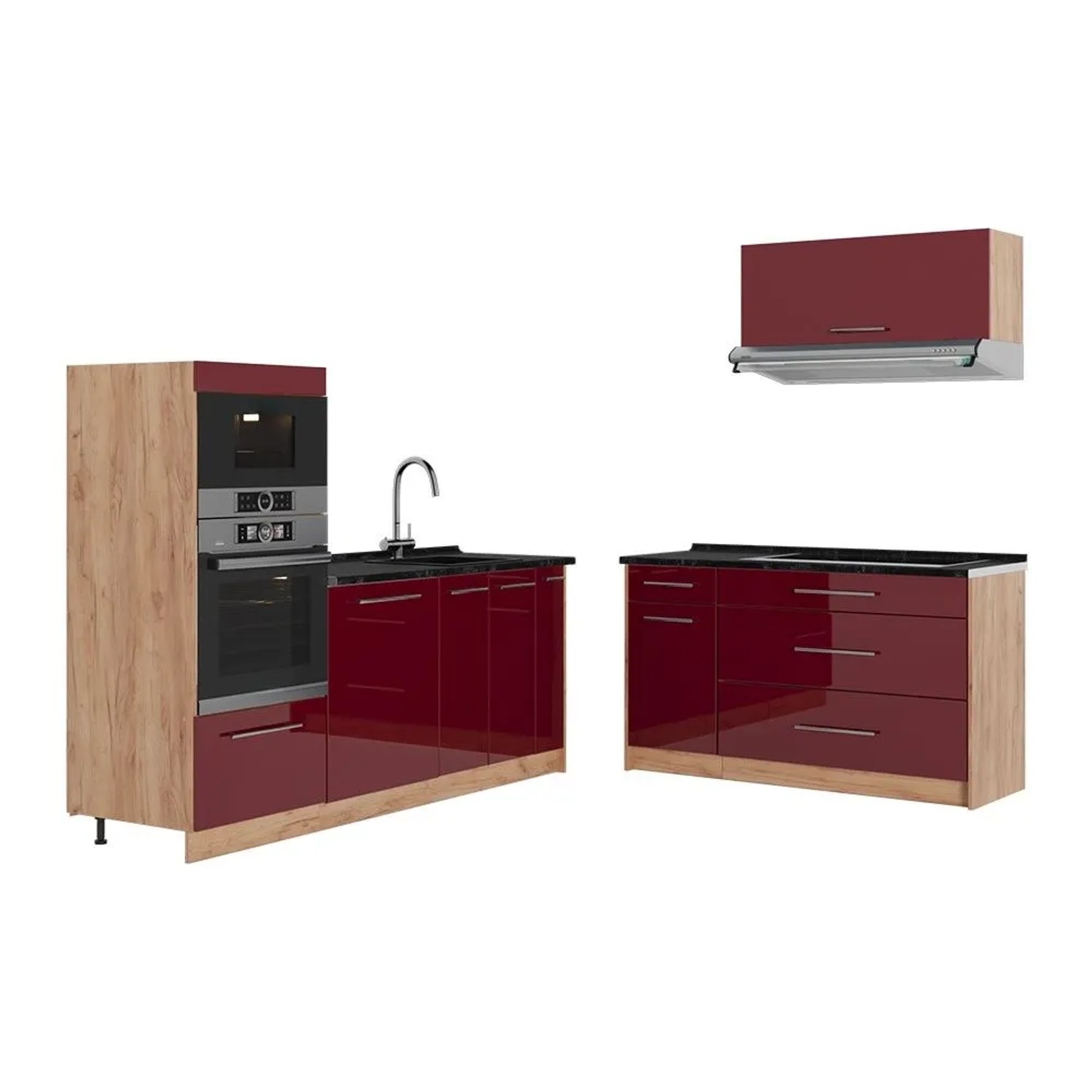 Vicco Küchenzeile Fame-Line Bordeaux Hochglanz/Goldkraft Eiche 340 x 154 AP Anthrazit Art Nr 63905