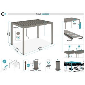 Cazeboo Piana Bioklimatische Pergola 3x2m aus Aluminium in Taupe mit Maßangaben.