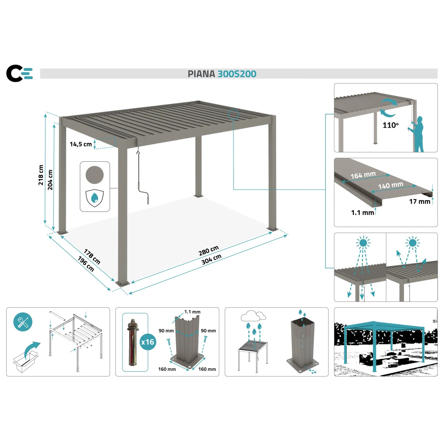 Cazeboo Piana Bioklimatische Pergola 3x2m aus Aluminium in Taupe mit Maßangaben.