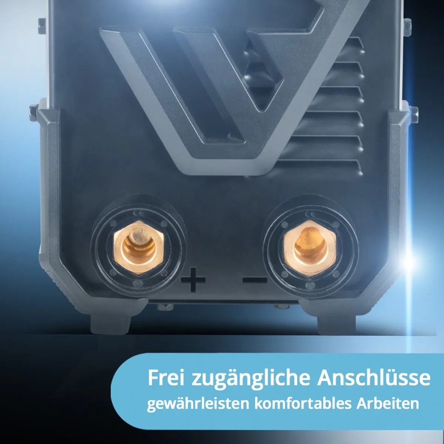 Detailaufnahme: STAHLWERK ARC 200 Puls Pro Schweißgerät, Anschlüsse für MMA/TIG Schweißen.
