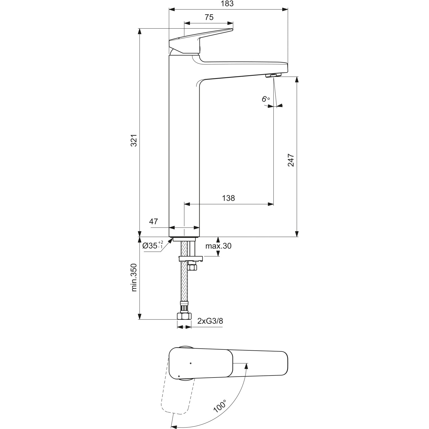 Technische Zeichnung: Ideal Standard Ceraplan Waschtischarmatur, Chrom, H250, Maße und Details.