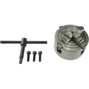 Rotwerk Planscheibe 8 cm mit Spannbacken, Umkehrbacken, Schrauben und Schlüssel für Drehmaschinen.