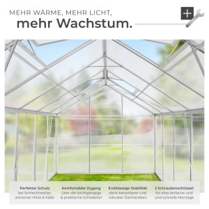 Innenansicht: Transparentes Tectake Gewächshaus mit Aluminiumrahmen und Dachfenstern.