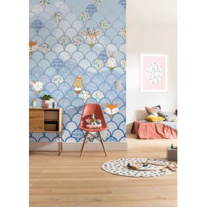 Sanders & Sanders Fototapete Tiere Blau 200x250cm im Kinderzimmer mit Möbeln.