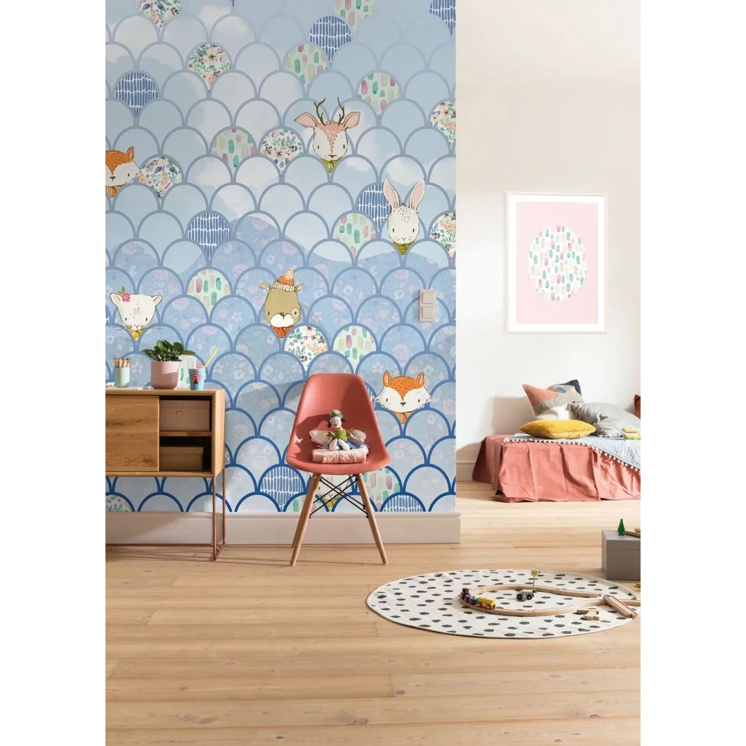 Sanders & Sanders Fototapete Tiere Blau 200x250cm im Kinderzimmer mit Möbeln.
