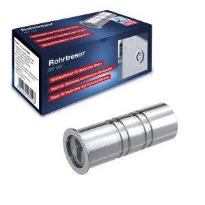 Basi Rohrtresor RT 101 aus Aluminium mit Edelstahlverschluss. Wandtresor für Wertsachen oder als Schlüsseldepot.