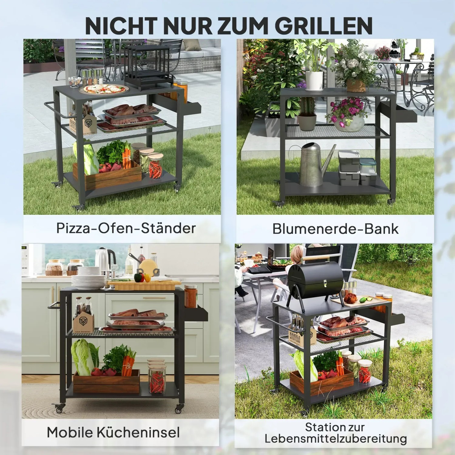 Outsunny Grillwagen aus Stahl, schwarz, mit Ablagen und Rollen, vielseitig einsetzbar.