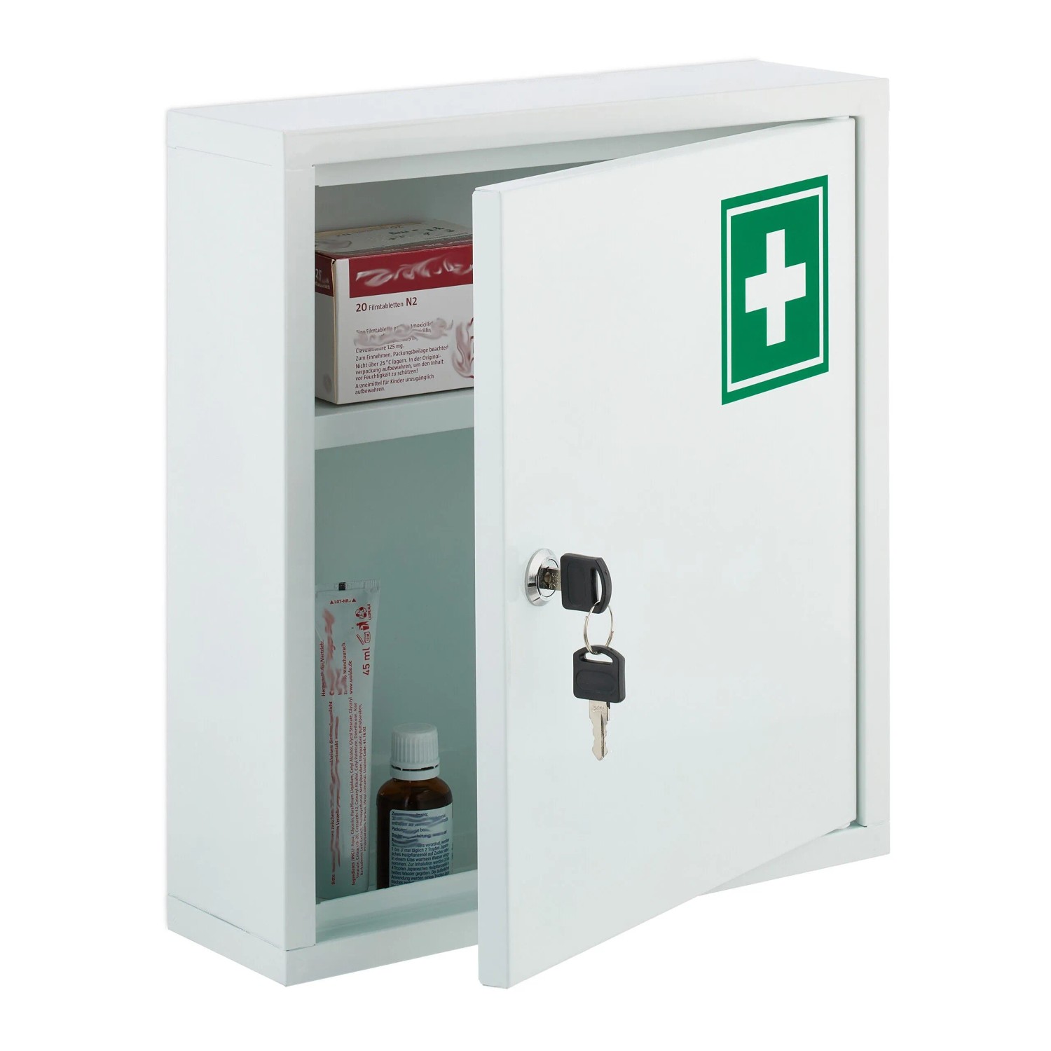 Relaxdays Medizinschrank Stahl Weiß Grün Abschließbar mit 2 Fächern 36 cm x 31,5 cm x 10 cm 1,7 kg